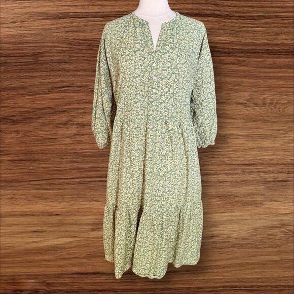 Free Assembly Flowy Midi Dress Sz L 3/4 Balloon Sleeves Blue Floral Country Core - Picture 1 of 10